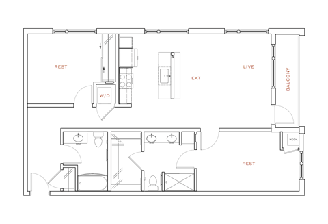 A floor plan of a house with labeled rooms such as "REST", "LIVE", and "EAT".